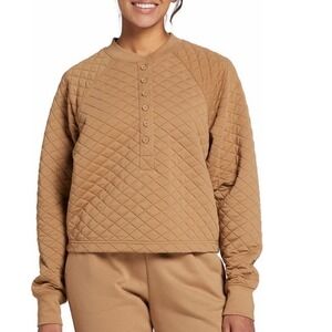 NEW DSG XL Womens Quilted Cadet Brown Cropped Henley Sweatshirt XL Long Sleeve